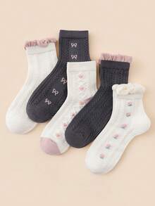 5 Pairs Women's Sweet Floral Pattern Lace Trim Breathable Comfortable Versatile Mid-Calf Socks - Multicolor - View 3