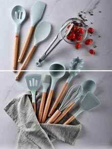 Wooden Handle Silicone Kitchen Utensils 12-Piece Set: Non-Stick Pan Spatula And Spoon, Complete Household Kitchen And Baking Tool Set With Storage Bucket. The Set Includes A Spatula, Ladle, Slotted Spoon, Scraper, Oil Brush, Whisk, Food Tongs, And Other Practical Tools. Comes With A Matching Storage Bucket, Making It Suitable For All Cooking Scenarios Including Frying, Stir-Frying, Braising, Deep-Frying, And Baking. - Red - View 6