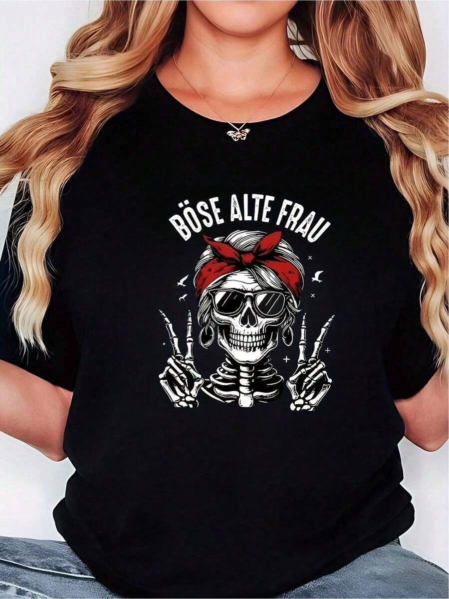 Women's Plus Size Short Sleeve Casual T-Shirt - Black Nervous Skeleton Graphic With Red Bandana And Peace Signs, Slightly Elastic Crew Neck, Machine Washable Spring Summer Top, Women's T-Shirts - 黑色 - 查看 1