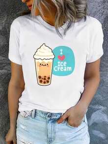 Plus Size Casual T-Shirt For Women, Round Neck, Printed With A Cute Boba Ice Cream Design And The Phrase "I Love Ice Cream" - Fun Print, Machine Washable, Casual And Versatile, Loose And Comfortable, A Perfect Gift For A Good Friend. - 白色 - 查看 1
