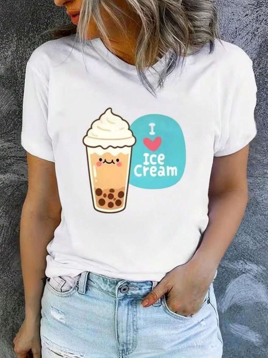 Plus Size Casual T-Shirt For Women, Round Neck, Printed With A Cute Boba Ice Cream Design And The Phrase "I Love Ice Cream" - Fun Print, Machine Washable, Casual And Versatile, Loose And Comfortable, A Perfect Gift For A Good Friend. - 白色 - 查看 1