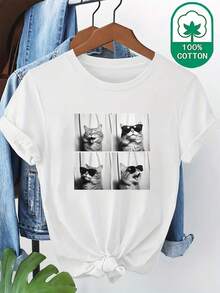 Camiseta 100% con Estampado de Gato, Cuello Redondo y Manga Corta, Ropa Casual de Verano, Cómoda y Transpirable - Blanco - Ver 2