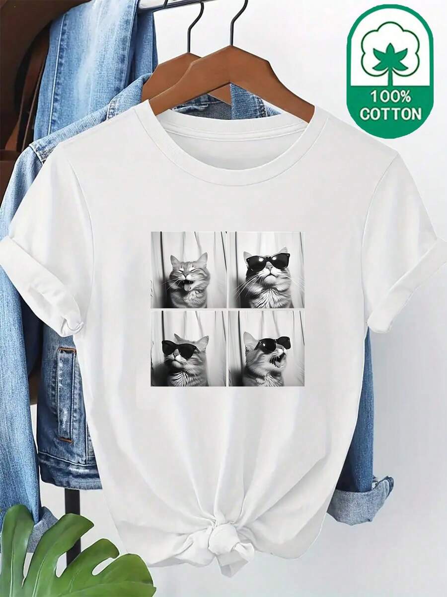 Camiseta 100% con Estampado de Gato, Cuello Redondo y Manga Corta, Ropa Casual de Verano, Cómoda y Transpirable