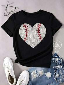 Soft Soft Women's White T-Shirt With Sequin Baseball Heart, Shiny Aesthetic T-Shirt With Red Stitching, Sports Top For Game Day, Fashionable Casual Blouse For Baseball Fans - 黑色 - 查看 6
