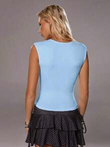 Camiseta sin Mangas Casual Ajustada con Cuello en V Profundo para Mujer, Primavera/Verano - Azul - Ver 2