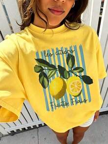 Camiseta de cuello redondo de manga corta con eslogan y estampado de limón para primavera y verano - Amarillo - Ver 5