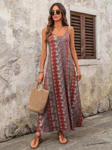 Vestido casual largo de punto elástico para mujer, cómodo y de moda para primavera/verano, vacaciones, adecuado para verano, vacaciones, con estampado vintage de flores, hojas y tropical - Multicolor 5 - Ver 4