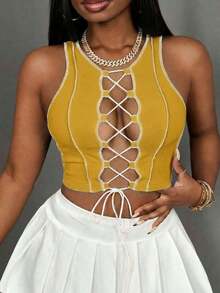 Top corto sin mangas con contraste de color acanalado, estilo casual básico, deportivo, sexy y de calle Y2K para mujeres - Amarillo - Ver 7