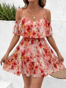 Vestido corto elegante de mujer con cuello en V, volantes, cintura y línea A, con estampado de lunares marrones y hombros descubiertos - Rojo y blanco - Ver 8
