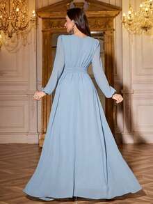 Vestido de dama de honor de manga linterna de unicolor elegante y extra largo - Niebla azul - Ver 2