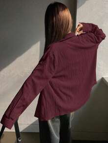 Camisa de mujer de manga larga de unicolor casual, para primavera y otoño, blusas de manga larga estilo Y2K, ropa de mujer de otoño - Rojo - Ver 3