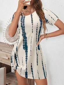 Vestido corto de manga corta casual para mujer, básico para salidas diarias, con nudo en el bajo, para primavera/verano - Multicolor - Ver 3