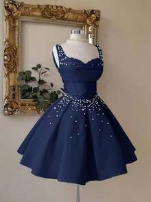 Vestido elegante, lujoso y noble de estilo palaciego con hombros abiertos, escote corazón sin tirantes, silueta de sirena, decoración de perlas falsas y bajo acampanado, adecuado para despedida de soltera, boda, graduación, vacaciones y fiesta de - Azul marino - Ver 3