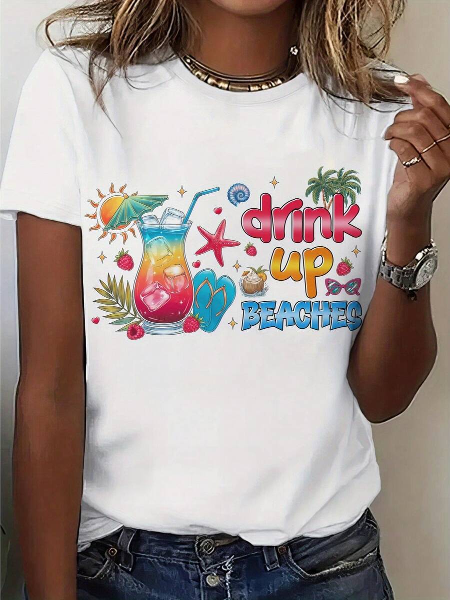 Women's Short-Sleeved Crew Neck T-Shirt With Flip-Flop Print, Featuring A "Vacation-Themed Drink Up BEACHES Gradient Cocktail" Print, Perfect For Casual Outings, Holiday Gifts And Gatherings, Suitable For Spring, Summer And Autumn. - 白色 - 查看 1
