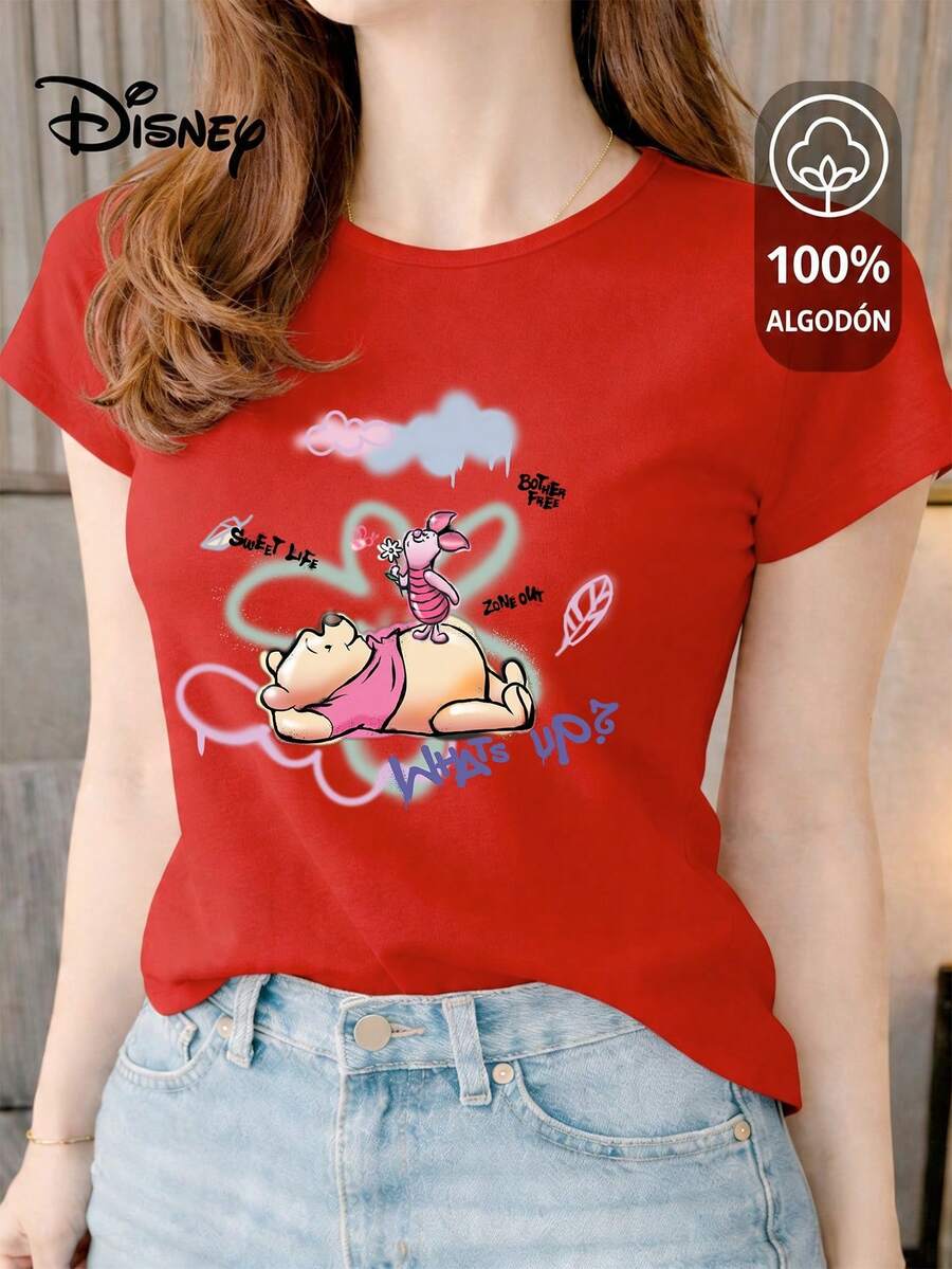 Women's T-Shirt Made Of 100% High-Quality Cotton, This T-Shirt Guarantees Exceptional Softness To The Touch, Round Neck With "Disney Winnie The Pooh & Piglet Sweet Life" Print And Short Sleeves - 紅色 - 查看 1