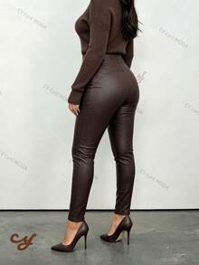 Women's Leather Leggings, Faux Leather, Resin-Coated, Skinny, Fitted, Versatile, With Flannel Lining, Perfect For Everyday Wear. - 咖啡店 - 查看 7