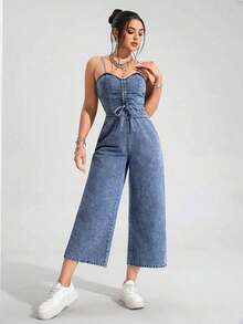 Unity Mono vaquero casual con pierna ancha y cordón delantero para mujer - Azul lavado medio - Ver 3