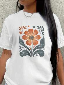 Lightweight And Durable Polyester Short-Sleeved T-Shirt With An Orange Floral Print, Suitable For Home, Restaurants, Or Casual Outdoor Wear; Comfortable And Fitted For Everyday Use. Women's Blouses > Clothing - 白色 - 查看 7