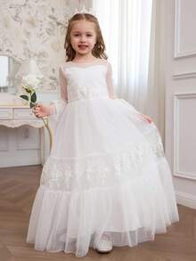 Weißes Langarm-Kleid für Kleine Mädchen, Tüll-Kleid mit Pünktchen-Muster, ausgestellte Ärmel, Stickerei, mehrstufiger Kuchen-Blumen-Prinzessinnen-Look - Weiss - Übersicht 1