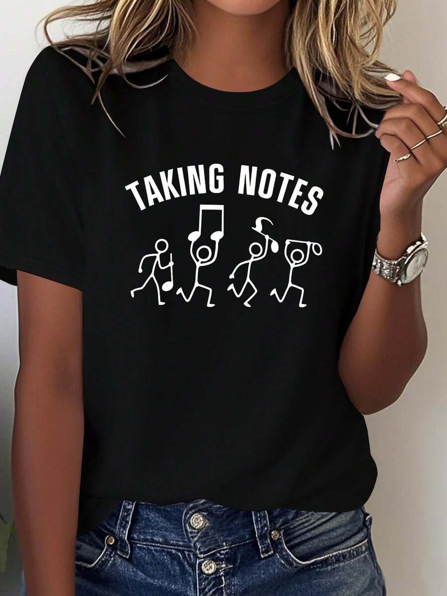 Women's "TAKING NOTES" Music Themed T-Shirt - Short-Sleeved, Round-Neck Blouse, Ideal For Concerts, Music Parties, And Casual Wear. Stretchy Blouse Style With Letter Print For Spring/Summer (Machine Washable). Suitable For Spring, Summer, And Autumn. - 黑色 - 查看 1
