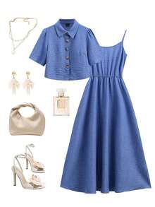 Clasi Conjunto de 2 piezas de camisa efecto denim y vestido de tirantes elegante para mujer, adecuado para ir a trabajar y múltiples ocasiones, atuendos de vacaciones de primavera, verano y playa.Conjunto de falda y blusa, conjunto de dos piezas de denim azul para Pascua. - azul real - Ver 9