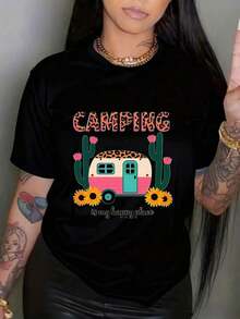 Camiseta de manga corta con estampado de cactus y flores de leopardo para mujer de 18 a 45 años, top moderno y elegante, nueva colección de verano 2026, disponible en corte holgado y ajustado, diseño de cuello redondo, 100% tela, transpirable. - Blanco - Ver 7
