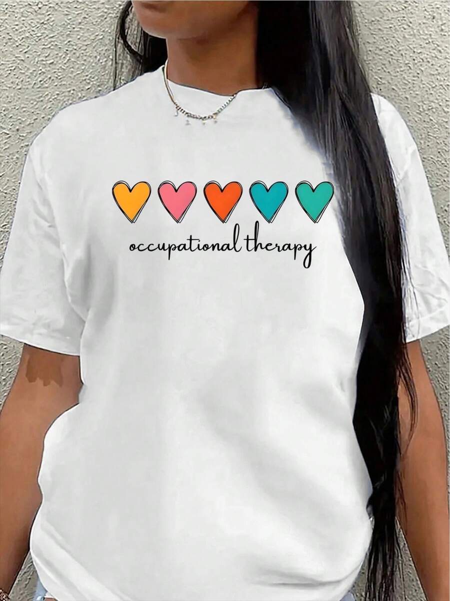 Short-Sleeved, Casual Professional T-Shirt Made Of Polyester, Featuring A Comfortable And Lightweight Design And Colorful Heart Prints, Suitable For The Workplace Or Everyday Wear. Its Soft And Durable Fabric Makes It An Ideal Choice For Daily Use In Clinics Or At Home. Women's Blouses > Clothing - 白色 - 查看 1