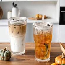 1/2/4組條紋玻璃杯附吸管與杯蓋，便攜極簡風水杯，直條紋玻璃杯，可重複使用高品質咖啡與果汁杯，多功能飲品杯，適合居家、辦公室、海灘及各種聚會，適用於咖啡、茶、牛奶、冰美式與拿鐵 - 無色 - 查看 3