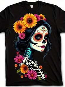 2026Camiseta de Calavera de Azúcar para Mujeres y Hombres - Diseño Floral de Calavera del Día de los Muertos Mexicano - Negro con Acentos Florales en Naranja y Rosa - Camiseta de Algodón de 180gsm para Día de los Muertos, Halloween, Navidad - Top Casual U - Negro - Ver 10