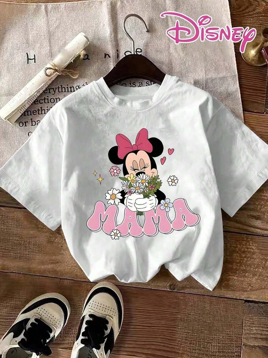 Disney Mother's Day T-Shirt With Minnie Mouse Cartoon Print, Minnie Holding A Bouquet Of Flowers, Artistic "MAMA" Lettering And Subtle Floral Decorations. New Summer Short-Sleeved T-Shirt For Women, Casual And Fashionable With Printed Design. - trắng - Xem 1