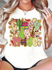 Camiseta Gráfica con Temática Mexicana TrendyFiesta Time para Mujer, Linda Camiseta para Fiesta del Cinco de Mayo con Diseño de Sombrero, Cactus, Maracas y Calavera, Divertida Camiseta de Verano para Uso Diario - Blanco - Ver 7