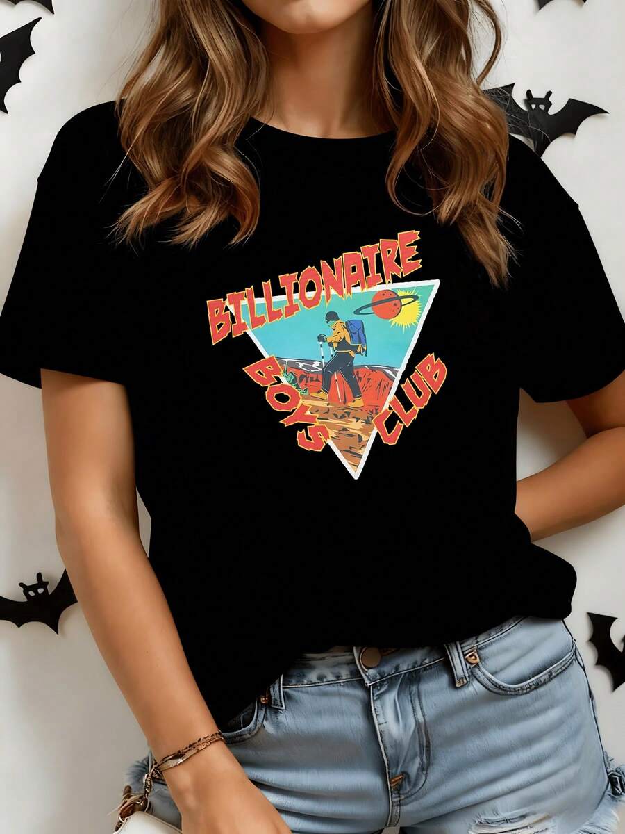 Astronaut Figure Exploring A Planet With Red Mountains And Blue Sky Symbolizing Adventure And Cosmic Energy. Casual White Women's T-Shirt With Modern Colorful Lettering, Ideal For Everyday Wear. - 黑色 - 查看 1