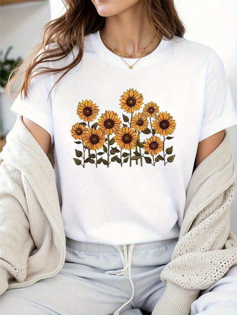 Camiseta de Mujer con Estampado de Girasoles Blancos - Blusa de Manga Corta y Cuello Redondo en Amarillo Vibrante y Marrón, Corte Holgado con Elasticidad Media, Lavable a Máquina, Adecuada para Atuendos Casuales, Ropa de Festival y Conjuntos de Primavera-Verano, Diseño Elegante de Girasoles. - Blanco - Ver 1
