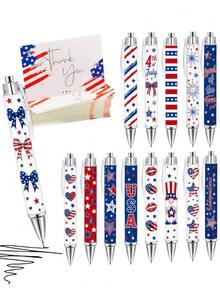 20pcs Independence Day Themed Writing Set, Including Patriotic Style Pen And Thank You Cards; Retractable Pen; Independence Day Party Favor Stationery Set; Black Ink Pens With Firework And Bow Patterns; Suitable For Holiday Notes And Daily Use; Classroom Rewards; Teacher Gifts; Independence Day Supplies (Assorted Styles Sent Randomly) - Independence Day Bow Ballpoint Pen Set - View 1
