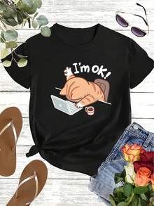 Camiseta Deportiva Casual para Mujer con Ilustración de Gato de Dibujos Animados y Laptop - Camiseta Negra Elástica de Cuello Redondo, Lavable aáquina, Ajuste Cómodo y Perfecta para Todas las Estaciones, Estilo Divertido y Moderno. - Negro - Ver 6