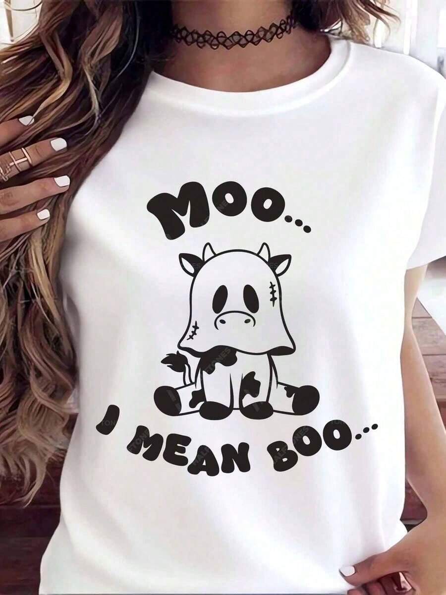 Soft Cute Cartoon Cow Moo I Mean Boo Halloween Tee Shirt With Funny Animal Print And Text For Casual Wear, 200g, Casual Blouse For Women, Blouses For Women, Cotton T-Shirts For Women - 白色 - 查看 1