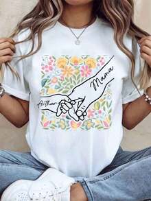 Personalized T-Shirt With Floral Design Of Mother And Child Holding Hands For Mother's Day, Birthday Gift For Mom, Family Clothing With Personalized Name, Vintage Urban Style, Unisex, Cotton, Short Sleeve, Round Neck, 100% Cotton - 白色 - 查看 7