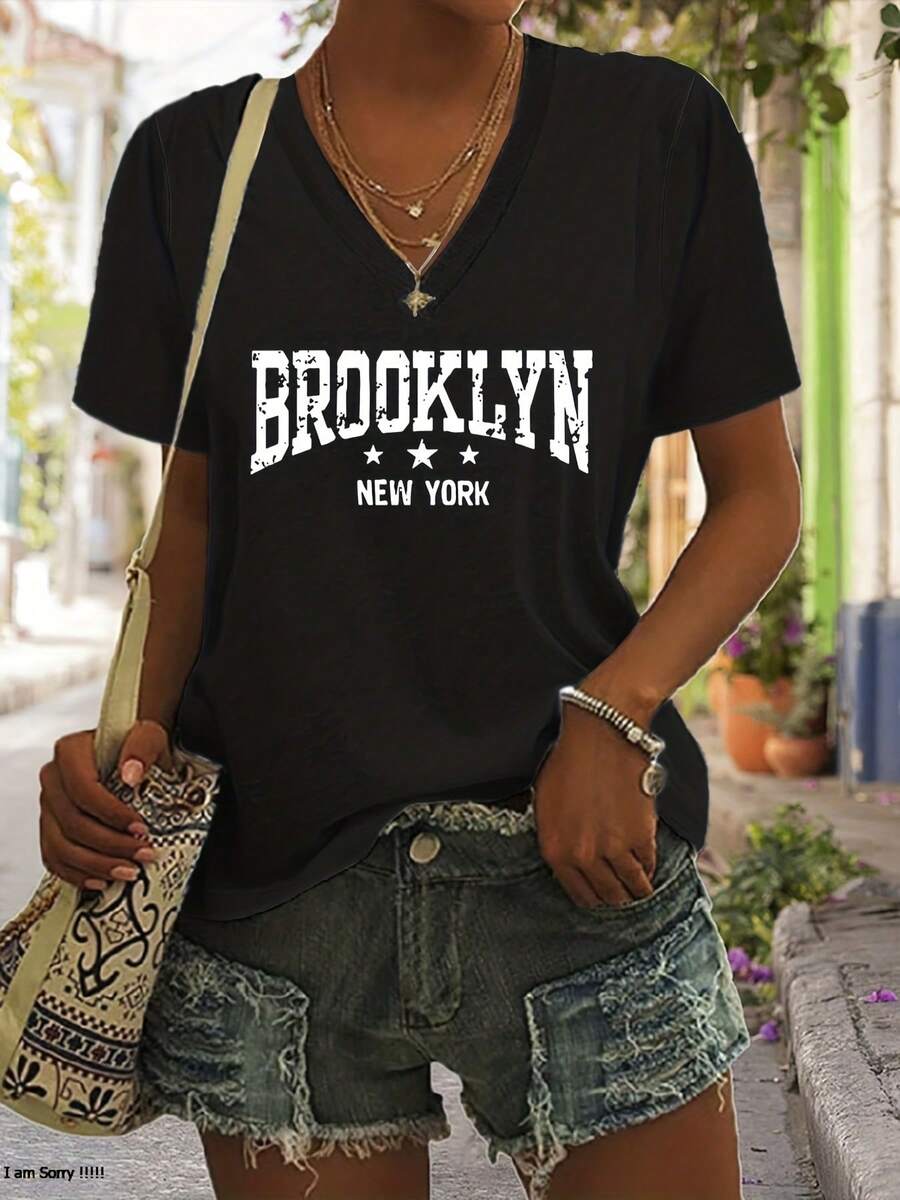 Camiseta Deportiva Casual para Mujer en Negro con Estampado de Brooklyn, Nueva York - Camiseta Elástica de Cuello Redondo, Lavable aáquina, Ajuste Cómodo y Versátil para Todas las Estaciones, para Combinar con Pantalones Cortos de Mezclilla Desgastados. - Negro - Ver 1