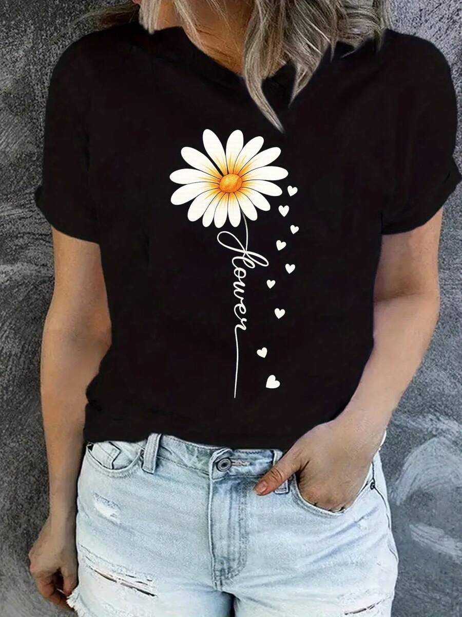 Women's Casual Floral Blouse, Round Neck, Spring/Summer Fashion, Floral Shirt, White Daisy Print, Sheer Fabric, Short Sleeve Blouse With Round Neck And Gradient Daisy And Butterfly Print, Slightly Stretchy, Pretty Blouses For Women. - 黑色 - 查看 1