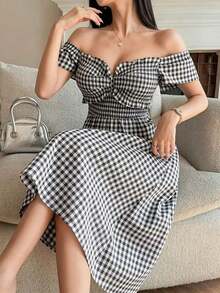 Vestido midi de mujer con mangas cortas y estampado elegante, vestidos de verano para mujeres - Azul - Ver 10