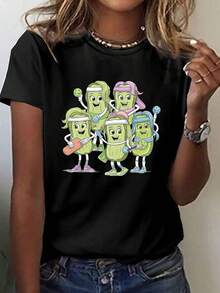 Camiseta de Mujer con Estampado de Pickleball - Camiseta casual de manga corta y cuello redondo con diseño de personaje de dibujos animados, tela transpirable y de elasticidad media, lavable a máquina, adecuada para primavera y verano, ropa deportiva para un estilo de vida activo, camiseta cómoda con estampado divertido, imprescindible para los amantes de la moda. - Negro - Ver 7