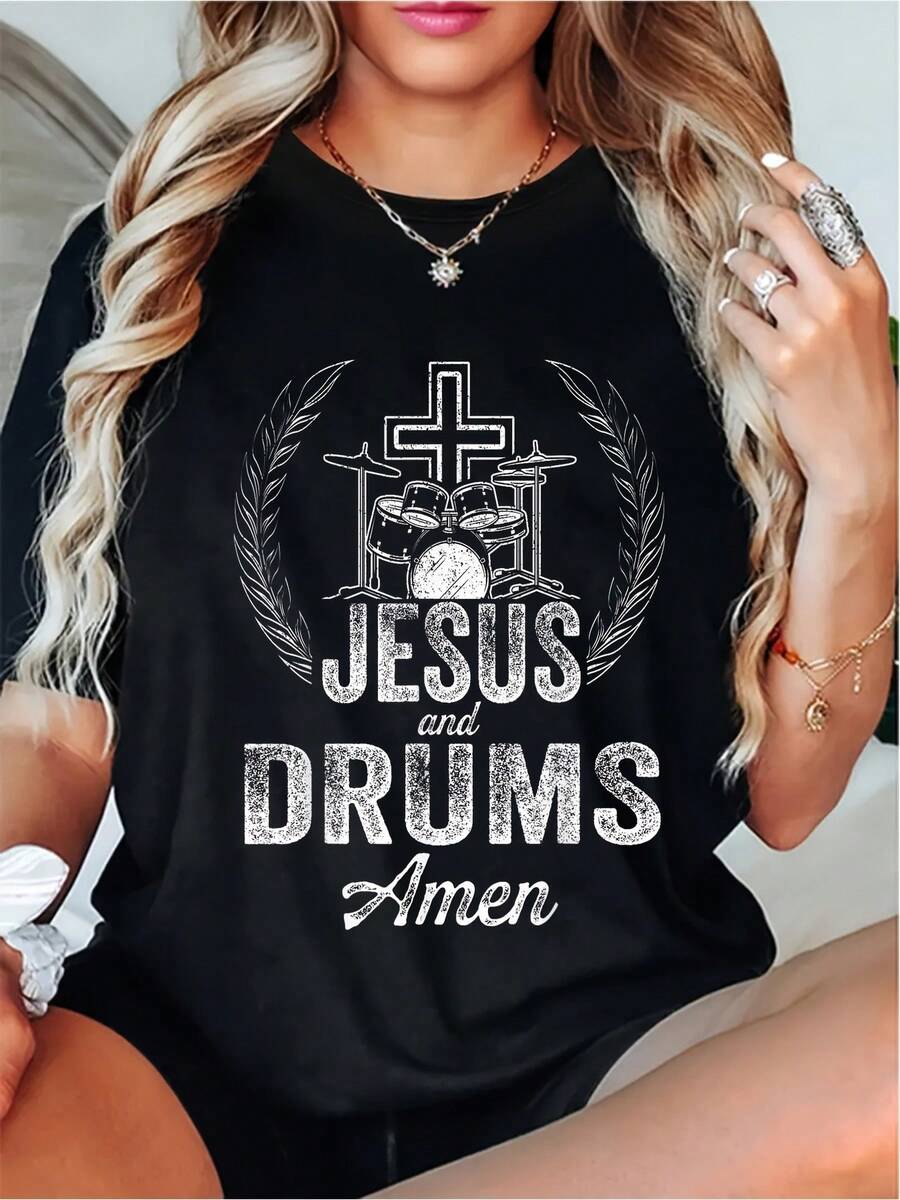 Blusa Casual para Mujer, Estilo Sencillo para Uso Diario, Tallas Grandes - Tallas Grandes - Camiseta de Adoración Cristiana para Mujer, con diseño de cruz y corona, cuello redondo suave, adecuada para el ministerio de música de alabanza, ropa de iglesia, atuendo religioso casual, tela duradera, adecuada para la primavera. Top de Manga Corta Cómodo, Suave y Sencillo para Uso Diario. - Negro - Ver 1