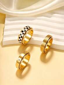 3pcs 18K Gold Plated Stainless Steel Rotatable Fidget Rings Set, Fashion Checkered Rhinestone Inlaid Combination Rings, Versatile Daily Wear Stackable Rings For Men And Women - Gold - View 3
