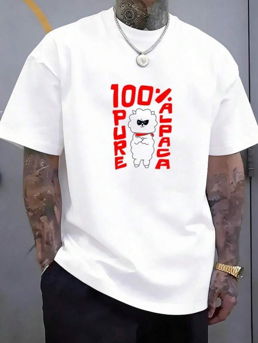 Men's Short-Sleeved T-Shirt With 3D Alpaca Print And Text, Loose Fit, Round Neck, Available In Plus Sizes, Urban, Casual And Sporty Style For Men, Versatile For Casual And Outdoor Use, Machine Washable, Quick Drying. - 白色 - 查看 1