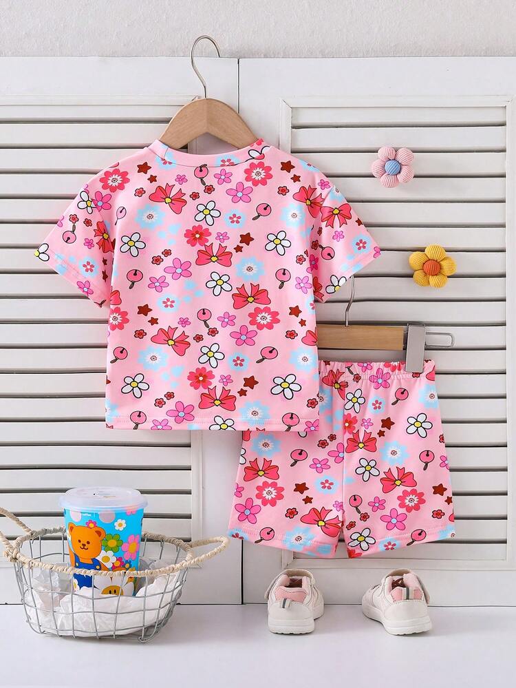 Bộ áo thun kiểu Hàn Quốc dễ thương và mềm mại của Disney dành cho bé gái, áo thun tay raglan rộng rãi cổ tròn in hình chuột Mickey cầu vồng và hoa ngắn tay + quần short hoa, trang phục thường ngày, đi nghỉ mát, dự tiệc, phù hợp cho bé gái dưới 3 tuổi. - Hồng - Xem 2