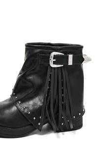 Black Striped Buckle Tassel Rivet Punk European And American New Chunky Heel Square Toe Comfortable Versatile Vacation Street Office Commute Daily Casual Ankle Boots For Women, Suitable For All Seasons - Black - View 7