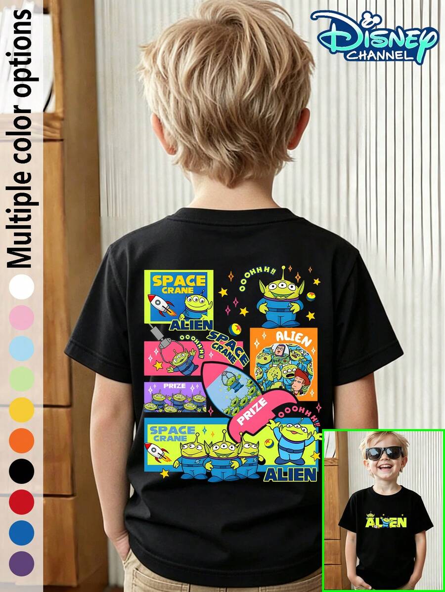 Toy Story Three-Eyed Boy American Retro Comic Style Printed T-Shirt For Boys And Girls | Casual Crew Neck Short Sleeve Disney Animation IP Series Three-Eyed Boy Multi-Scene American Retro Comic Style Print Summer Children's Tops Everyday Wear Student Daily Wear American Retro Comic Print Toy Story Theme T-Shirt Child-Friendly Design Must-Have For Outings Cartoon Character Tops School Style Outfits Popular Animation Character Merchandise Comfortable Fabric Everyday School Wear Fan Collector's Item - Black - View 1