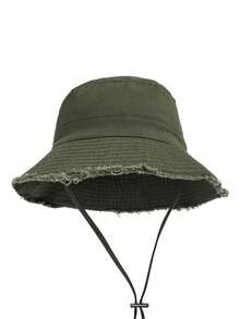 Korean Style Frayed Brim Bucket Hat, Summer Outdoor Hiking Sun Protection Shade Hat - Army Green - View 1