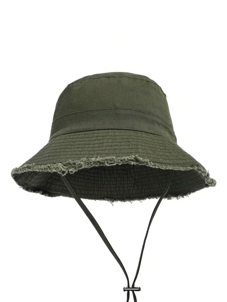 Korean Style Frayed Brim Bucket Hat, Summer Outdoor Hiking Sun Protection Shade Hat - Army Green - View 1