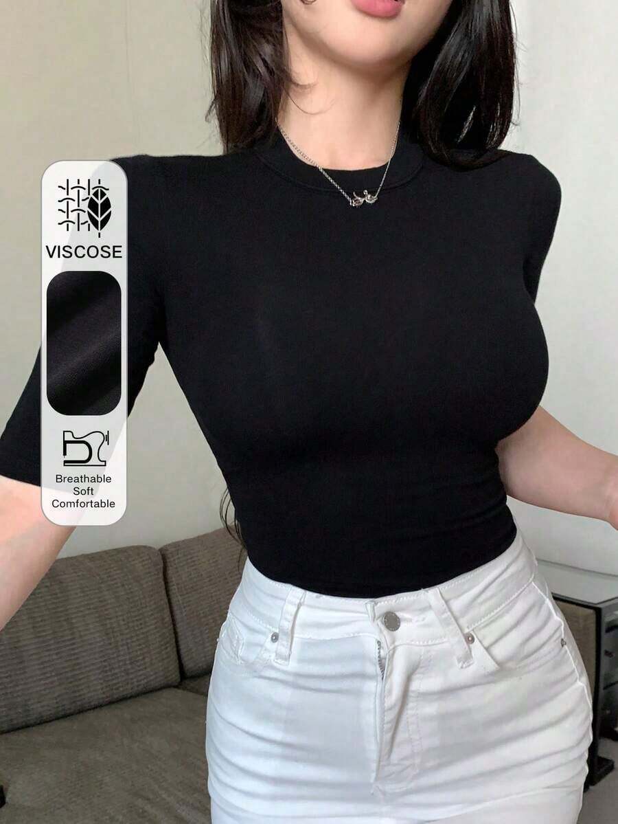 Camiseta casual de mujer con cuello alto, manga corta, ajustada, con cierre cruzado delantero, sólida y sexy.Versátil para usar en verano, estilo preppy. - Negro 5 - Ver 1